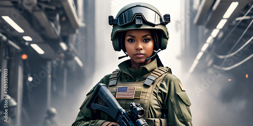 Young black woman wearing military uniform including camouflage fatigues and a helmet. She is ready for war to protect and serve her country, photo