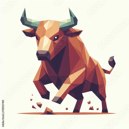 geometric polygonal shapes in various shades of brown bullish, Fierce face, charging bull.