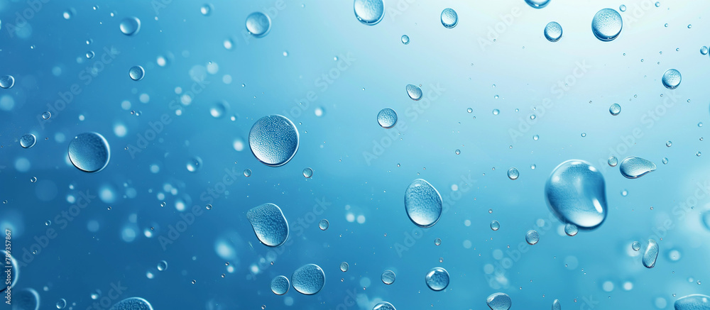 Serene Water Droplets Suspended on Tranquil Blue Background with Copy Space