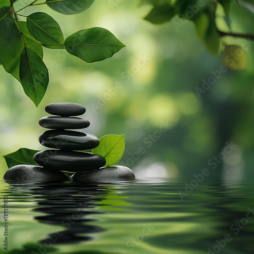 Serene Zen Stones with Fresh Green Leaves on Calm Water Surface