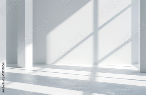 Minimalist White Room with Geometric Shadows and Light Play