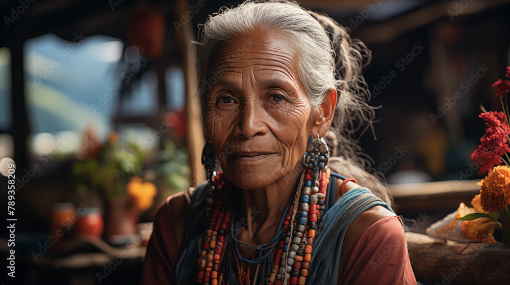 portrait of elderly indigenous woman with calm expression and soft smile, with hat and necklaces on her neck