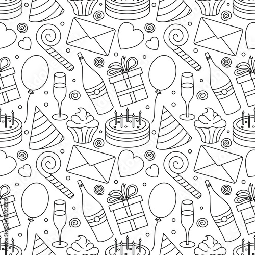 Happy birthday pattern. Seamless birthday background. Illustration with cake, gift box, party hat, balloons.