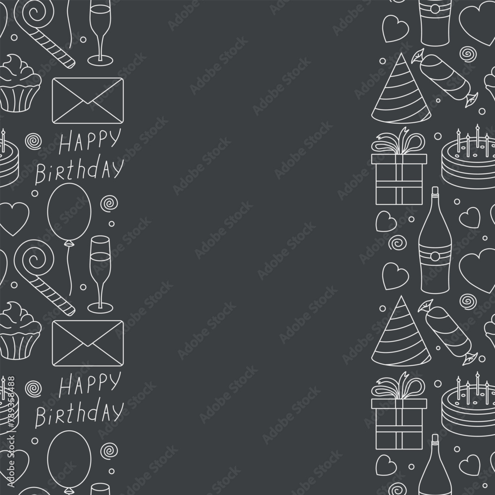 Happy birthday frame. Seamless birthday background. Illustration with cake, gift box, party hat, balloons.