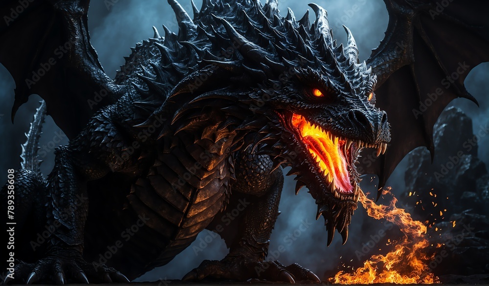 giant black dragon breathing fire background from Generative AI Stock ...