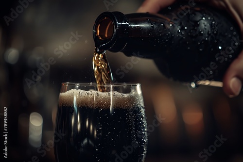 Close-up of a dark, frothy beer being poured into a clear glass, with bubbles and foam visible. photo