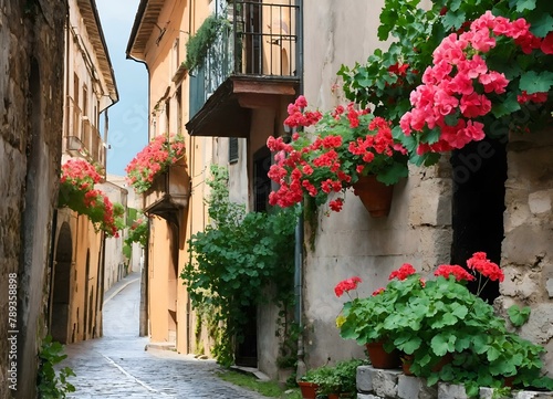 Narrow street with flowers in the old town of Bergamo, Italy