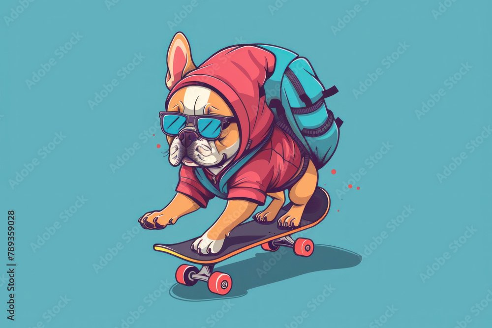 cute french bulldog wearing sunglasses, hat and backpack is riding a skateboard on a blue background. cartoon character animal concept art for graphic t-shirt design