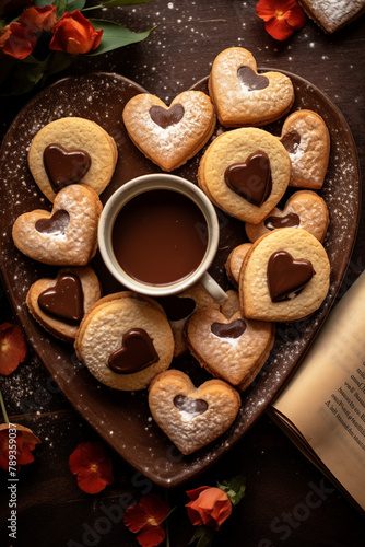 food photo,Nutella-filled cookies arranged in a heart shape. cookbook style, nutella day banner сreated with Generative Ai