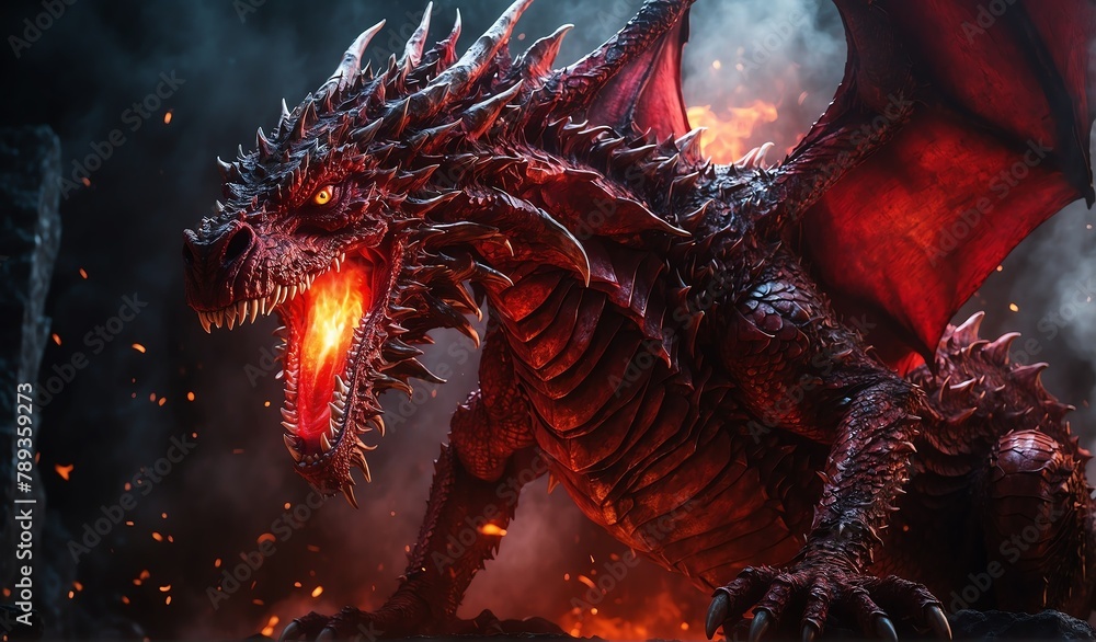 giant red dragon breathing fire background from Generative AI Stock ...