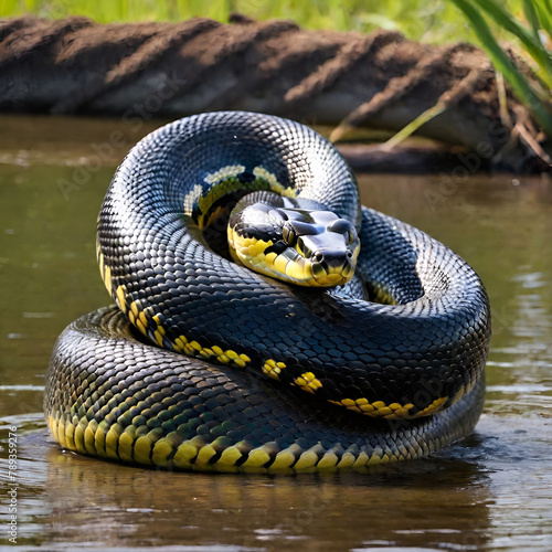 Portrait of a black and yellow striped water snake (Xenochrophis regius) photo