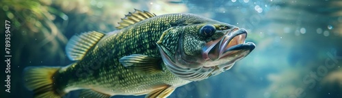A largemouth bass fish is swimming in the water with its mouth open. photo