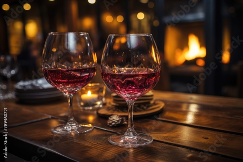 Rugged red wine in a crystal glass in a restaurant with fireplace., generative IA