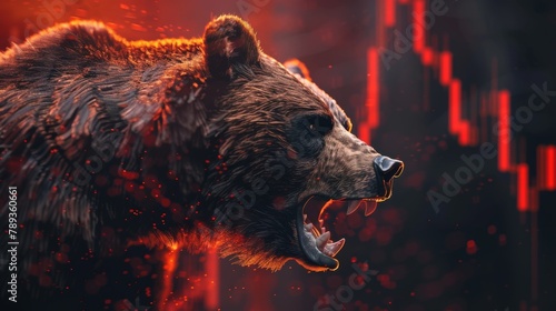 This striking digital art captures a fierce bear overlaid with a glowing, fiery texture against a backdrop of a plummeting stock market graph.
