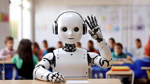 A robot with artificial intelligence is sitting in a school classroom with elementary school students. The back to School concept