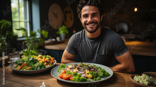 Bearded man with happy expression eating in his kitchen