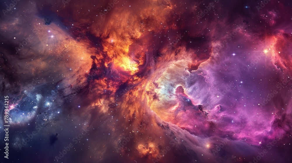 A vibrant cosmic cloud illuminated by the light of nearby stars, with colorful gases and dust creating a dazzling display of color and light.