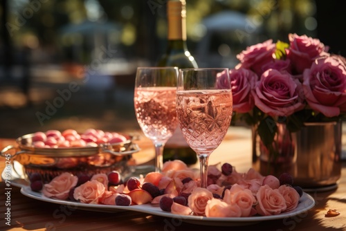 Rosé sparkling wine in a delicate bowl, in a picnic in the park., generative IA