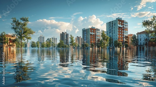 A city submerged in water with buildings and trees floating