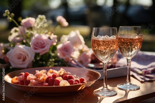 Rosé sparkling wine in a delicate bowl, in a picnic in the park., generative IA