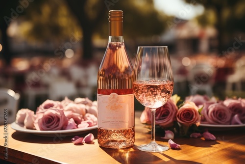 Rosé sparkling wine in a delicate bowl, in a picnic in the park., generative IA