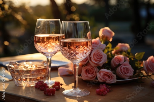 Rosé sparkling wine in a delicate bowl, in a picnic in the park., generative IA