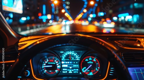 Driver's perspective of a car's illuminated dashboard at night with blurred city lights and traffic on the streets. © Moopingz