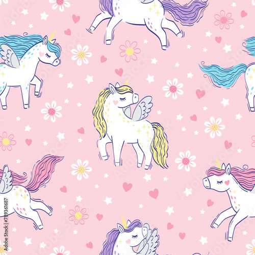 White unicorn with bright colors mane and tail. Vector seamless pattern with cute unicorns on a pink floral background