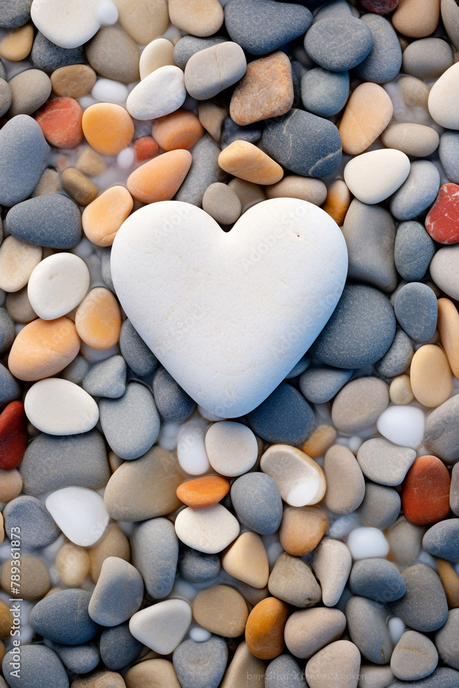 Obraz premium Heart-shaped pebbles arranged on a sandy beach, with waves in the background сreated with Generative Ai