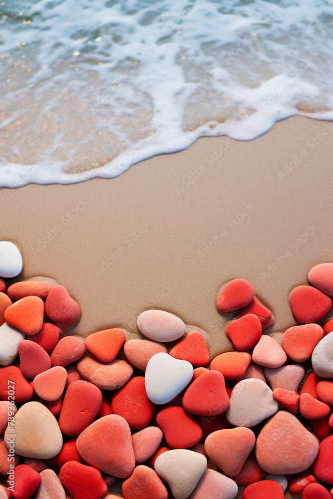 Heart-shaped pebbles arranged on a sandy beach, with waves in the background сreated with Generative Ai