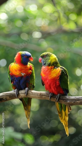 Two rainbow lorikeets are sitting on a branch and looking at each other.