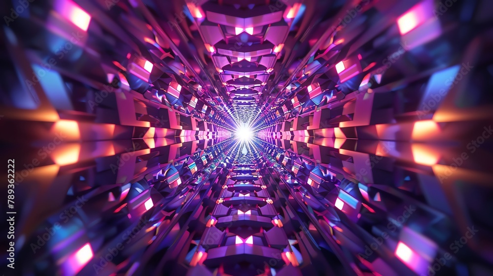Capture the mesmerizing kaleidoscopic patterns of a tunnel filled with vibrant lights in a digital rendering, using CG 3D rendering techniques - obrazy, fototapety, plakaty 