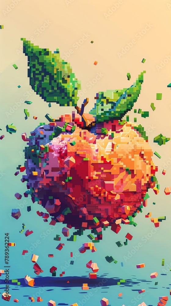 Illustrate the gradual transformation of decaying fruit in a pixel art time-lapse with a unique tilted perspective - obrazy, fototapety, plakaty 