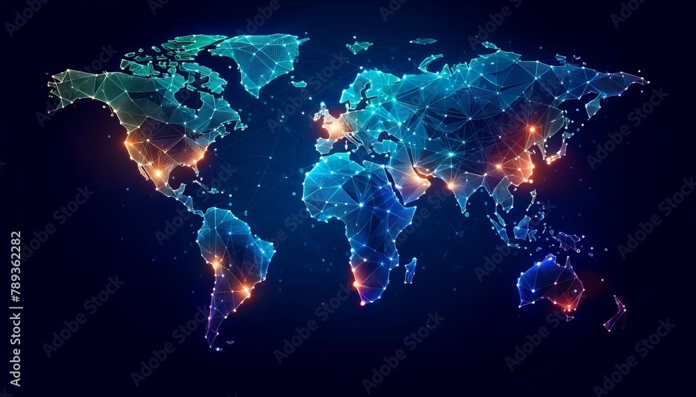 A digital world map with glowing network connections, symbolizing global communication and technology interconnectivity. - obrazy, fototapety, plakaty 