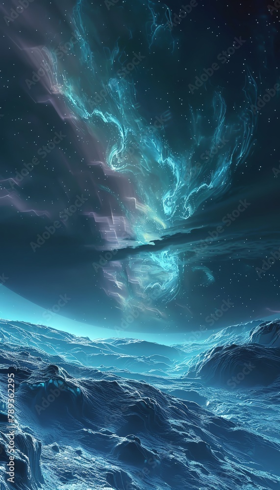 Surreal digital art depicting the ethereal Aurora Borealis dancing over a snow-covered extraterrestrial terrain under a starry sky.