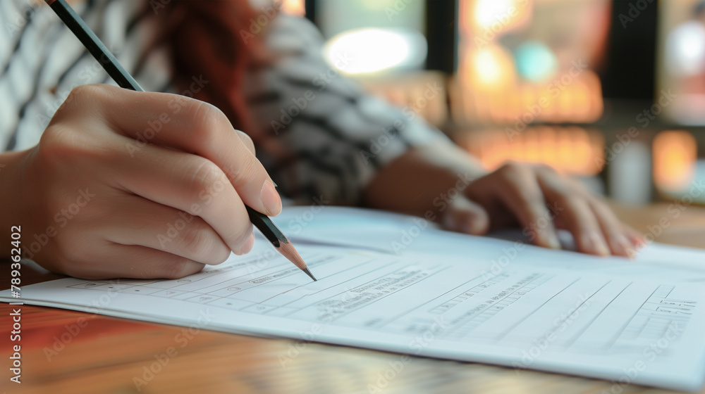 筆記試験を受験中の人物の手元