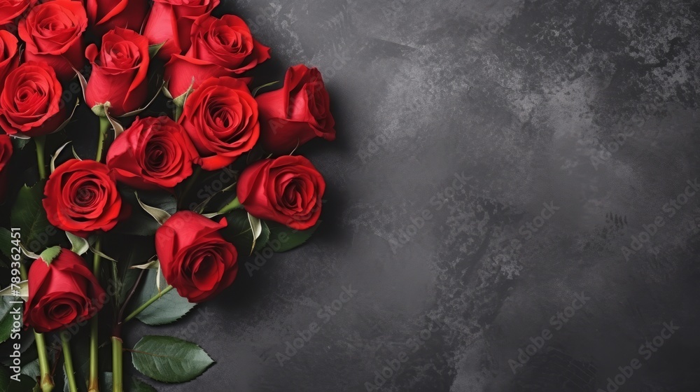 Red rose on a black background. Blooming flowes spring background banner - Bunch bouquet of red roses, on dark black concrete table, top view - obrazy, fototapety, plakaty 