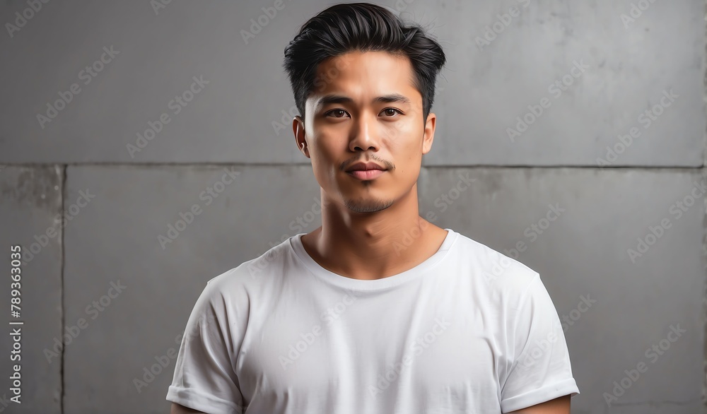 filipino guy wearing blank white t-shirt shirt on plain concrete wall background mockup from Generative AI filipino guy wearing blank white t-shirt shirt on plain concrete wall background mockup from Generative AI