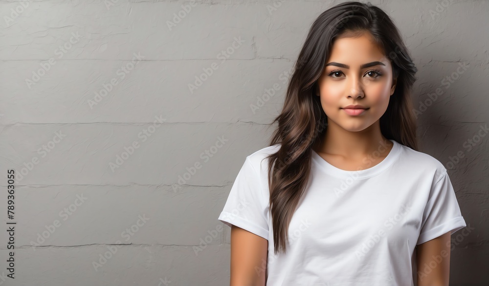 hispanic mexican girl wearing blank white t-shirt shirt on plain concrete wall background mockup from Generative AI hispanic mexican girl wearing blank white t-shirt shirt on plain concrete wall background mockup from Generative AI