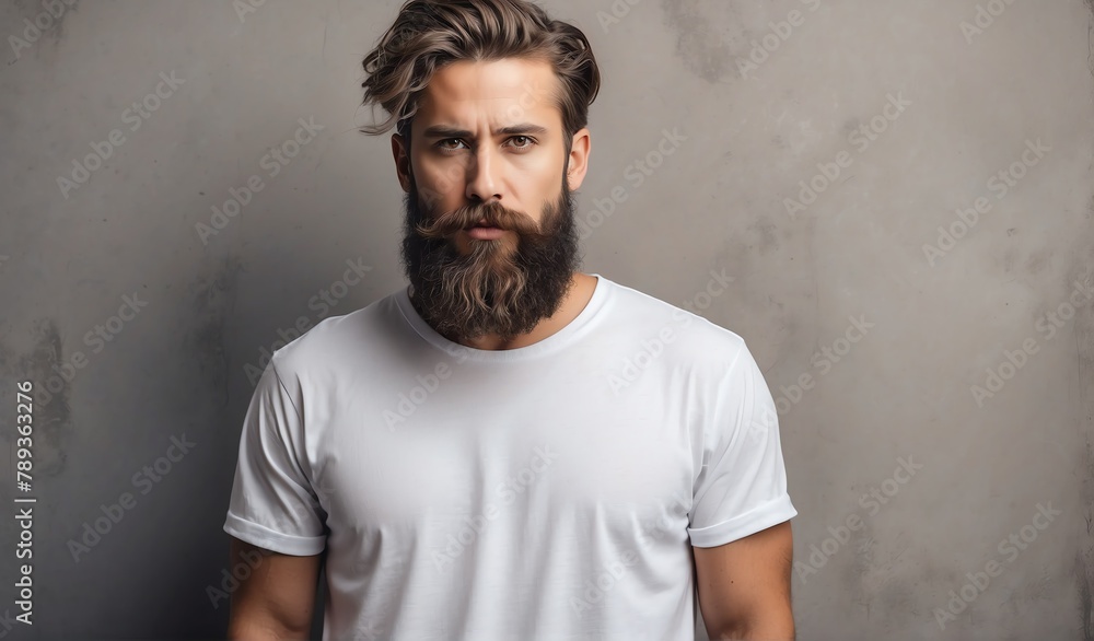bearded guy wearing blank white t-shirt shirt on plain concrete wall background mockup from Generative AI bearded guy wearing blank white t-shirt shirt on plain concrete wall background mockup from Generative AI