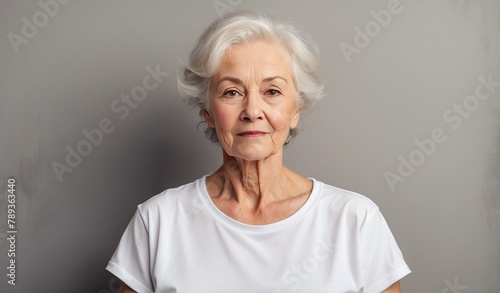 elderly woman wearing blank white t-shirt shirt on plain concrete wall background mockup from Generative AI © Arceli