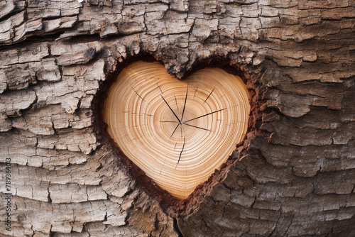 A heart-shaped knot or pattern on the bark of a tree trunk сreated with Generative Ai