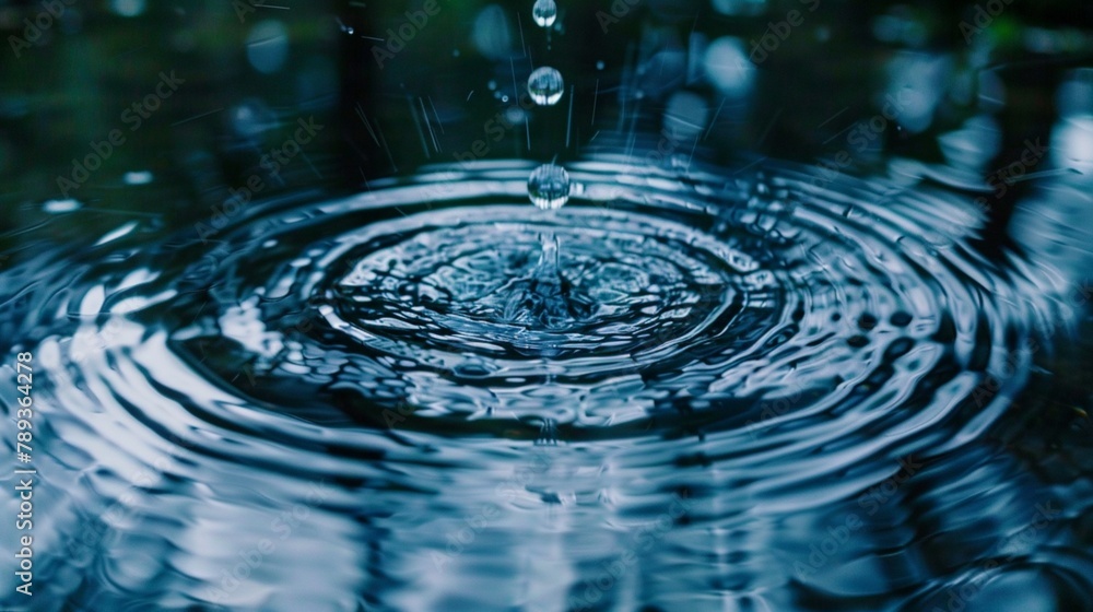 A close-up shot of a single raindrop falling into a pool of water, creating concentric ripples that radiate outward and capture the viewer's attention, offering a moment of beauty and wonder in the mi
