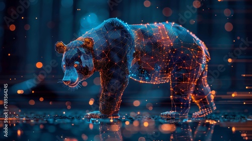 A bear is shown in a digital art piece with a blue background. The bear is surrounded by a lot of dots, giving it a very detailed and intricate appearance. Scene is one of wonder