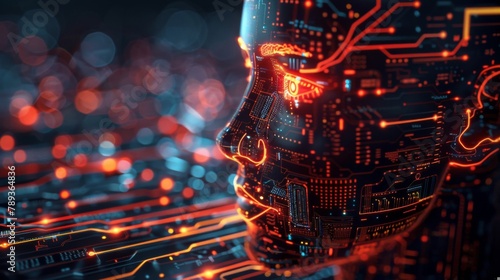 A computer generated face with a lot of circuitry and wires. The face is orange and black. Concept of technology and artificial intelligence