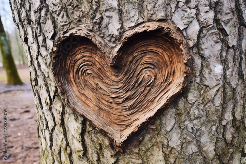 A heart-shaped knot or pattern on the bark of a tree trunk сreated with Generative Ai