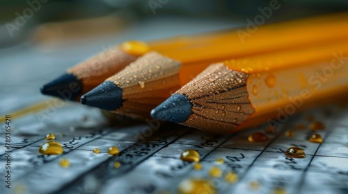 Three pencils with black tips and yellow bodies are sitting on a sheet of paper. The paper is covered in water droplets, giving the scene a wet and messy appearance photo