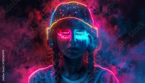 A girl with neon colored eyes and a hat is staring at the camera by AI generated image