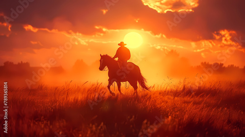 cowboy on a horse in the field rides against the background of the sunset. breathtaking landscape wallpaper  © AY AGENCY