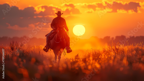 cowboy on a horse in the field rides against the background of the sunset. breathtaking landscape wallpaper 